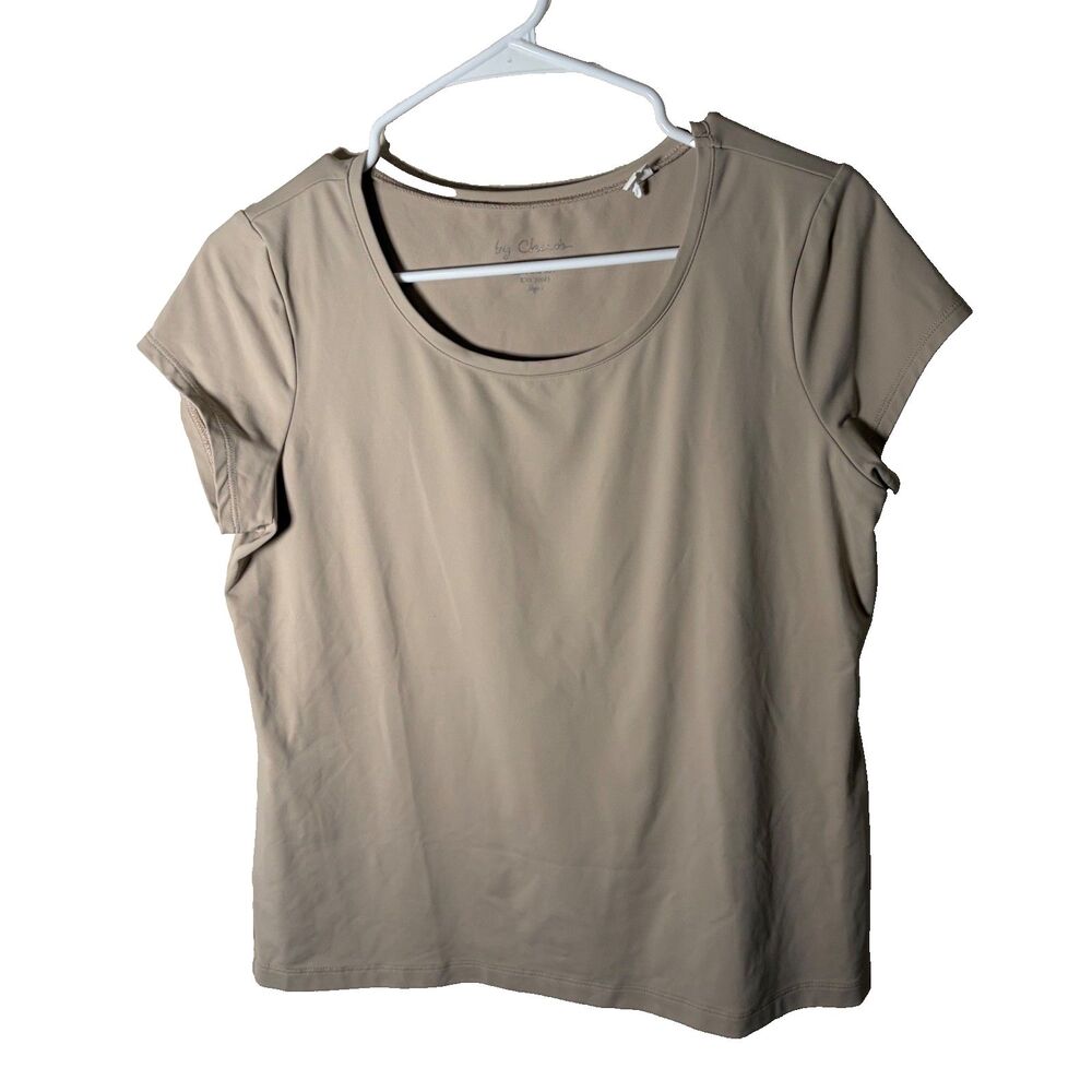 Chico's T-Shirt Women's 1 Medium Beige Short Sleeve Crew Neck Nylon Blend Top